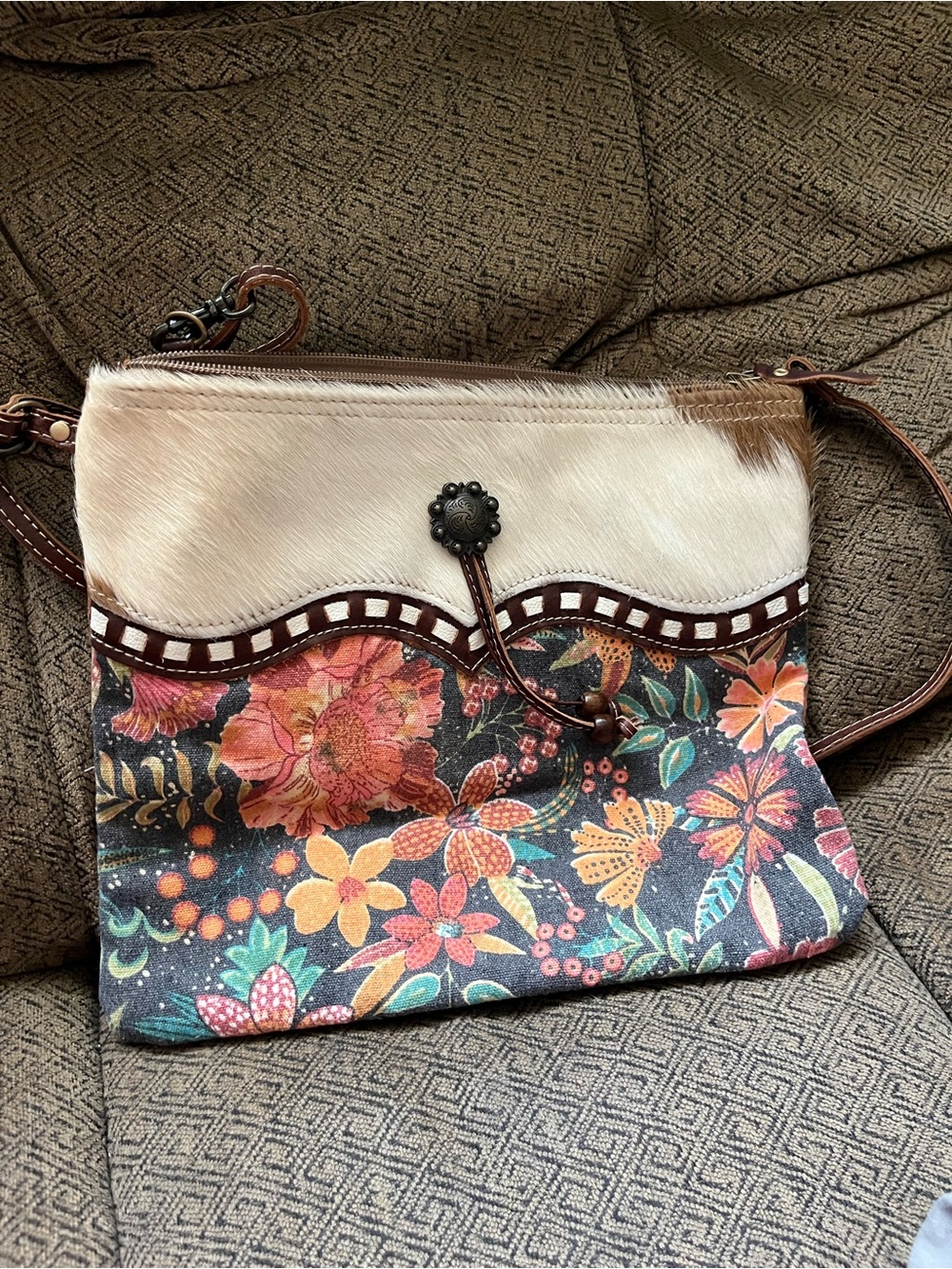 Myra Bag Floral Multi-Color Crossbody Bag with Cream Haircalf Accent